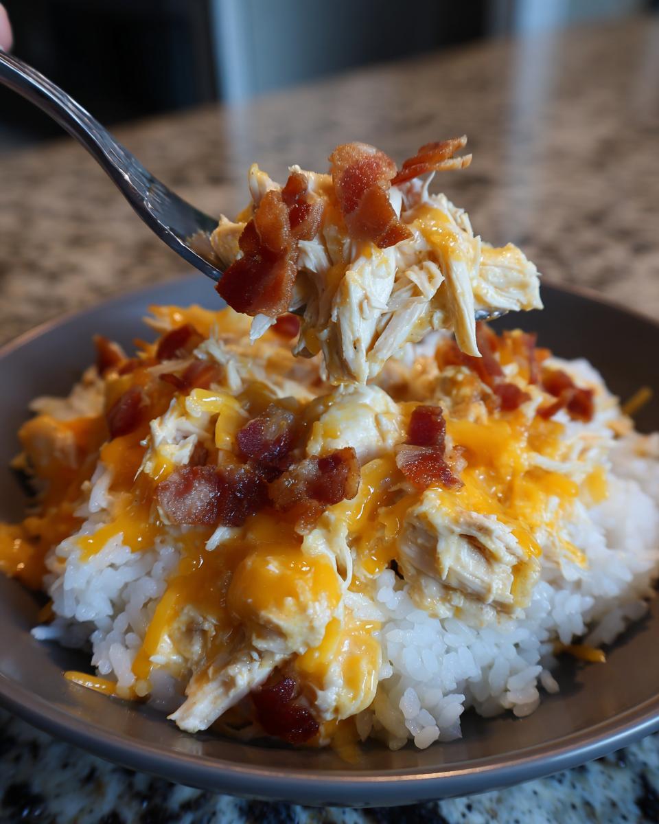 A fork lifting shredded chicken, cheese, and bacon from a bowl of rice, showcasing the Irresistible Crockpot Crack Chicken and Rice.