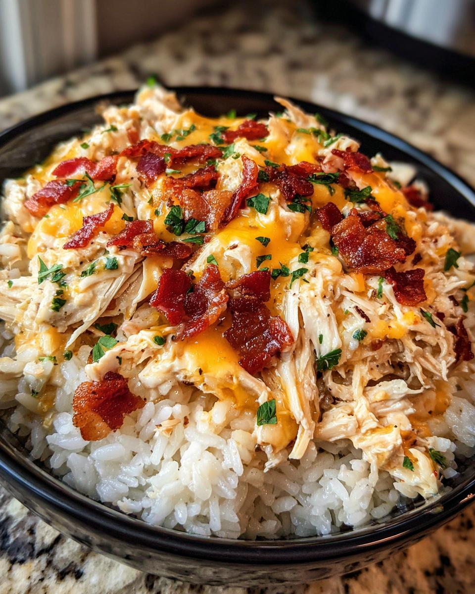 A close-up of a bowl filled with white rice topped with shredded chicken, melted cheddar cheese, crispy bacon, and chopped parsley.