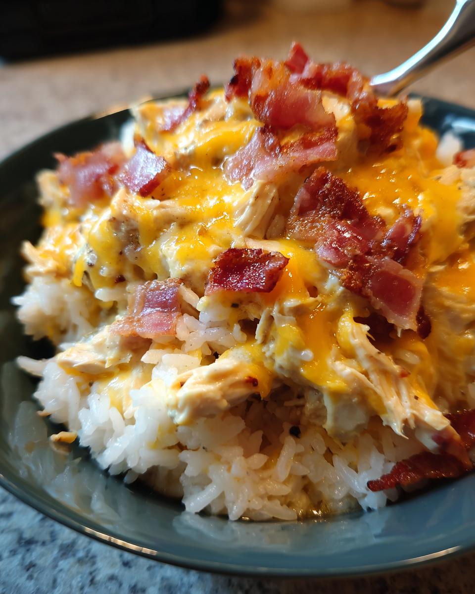 A close-up of a bowl filled with white rice, shredded chicken, melted cheddar cheese, and crispy bacon bits, featuring a fork lifting a bite.