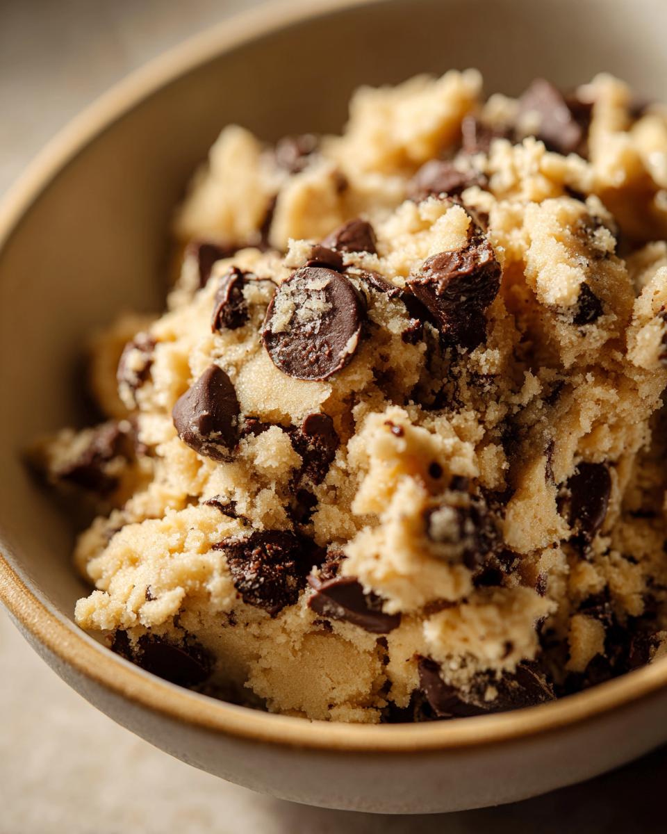 Close-up of a bowl filled with irresistible edible cookie dough packed with chocolate chips.