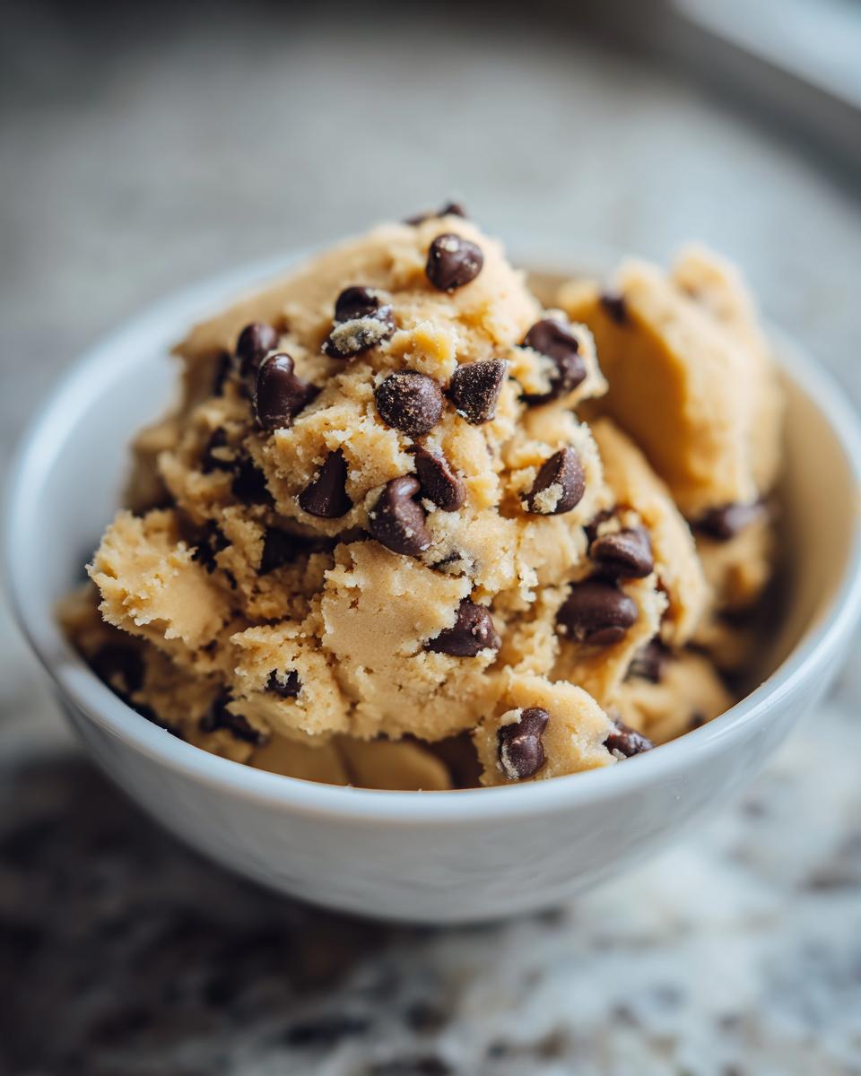 A close-up of a white bowl filled with irresistible edible cookie dough loaded with chocolate chips.