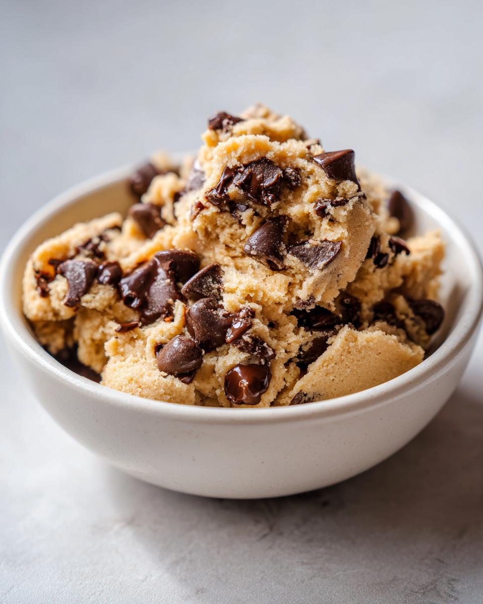 A white bowl filled with irresistible edible cookie dough loaded with chocolate chips.