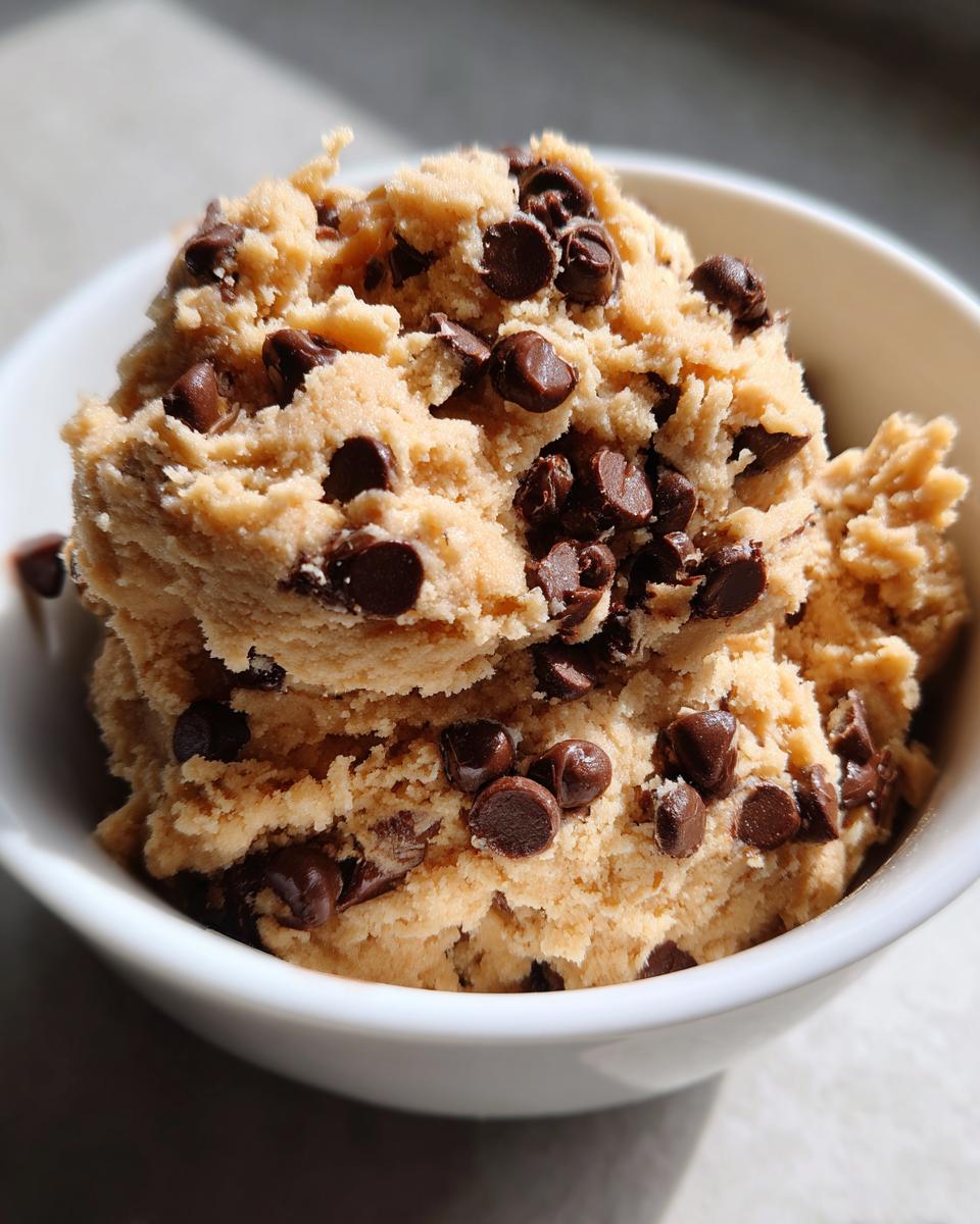 A close-up of a white bowl filled with irresistible edible cookie dough loaded with chocolate chips.