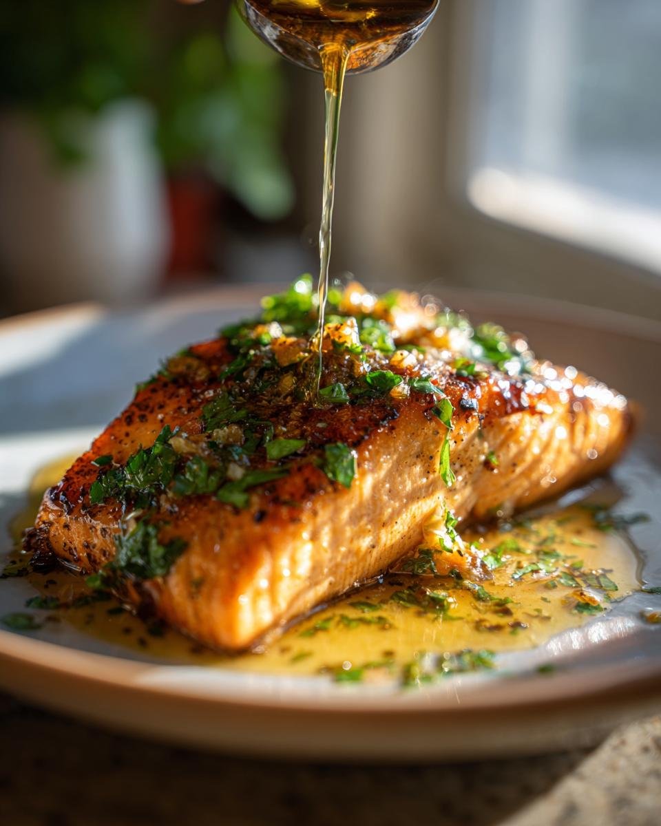 Close-up of an irresistible garlic butter salmon fillet being drizzled with sauce, garnished with fresh parsley.
