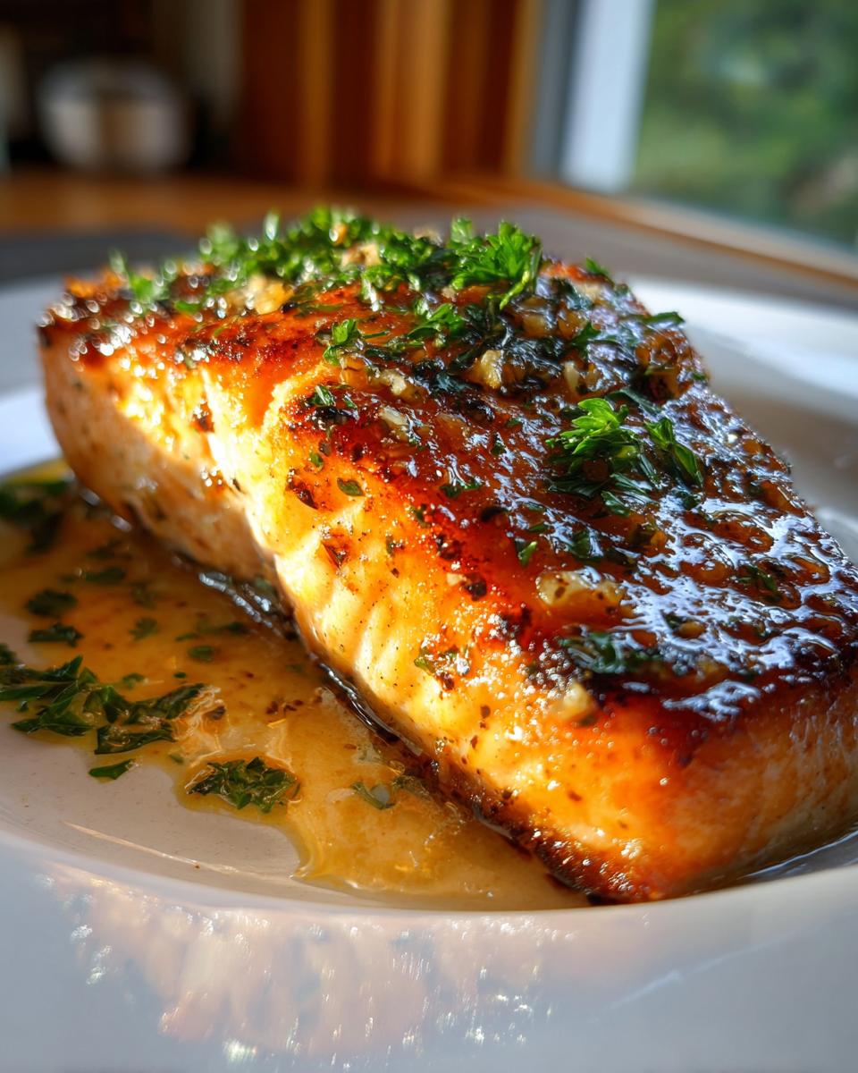 A close-up of an Irresistible Garlic Butter Salmon fillet, glistening with sauce and topped with fresh parsley.