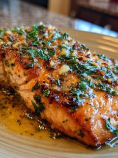 A close-up of an irresistible garlic butter salmon fillet, glistening with butter and topped with fresh parsley.