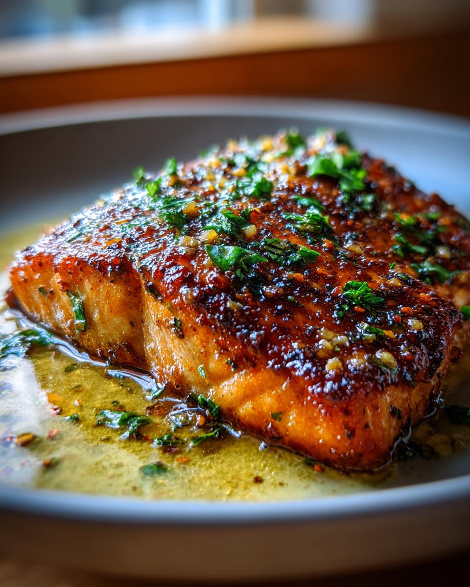 Close-up of a perfectly cooked Irresistible Garlic Butter Salmon fillet, glistening with sauce and topped with fresh herbs.