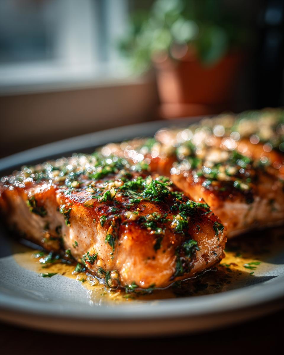 Close-up of two juicy fillets of Irresistible Garlic Butter Salmon, glistening with butter and herbs.