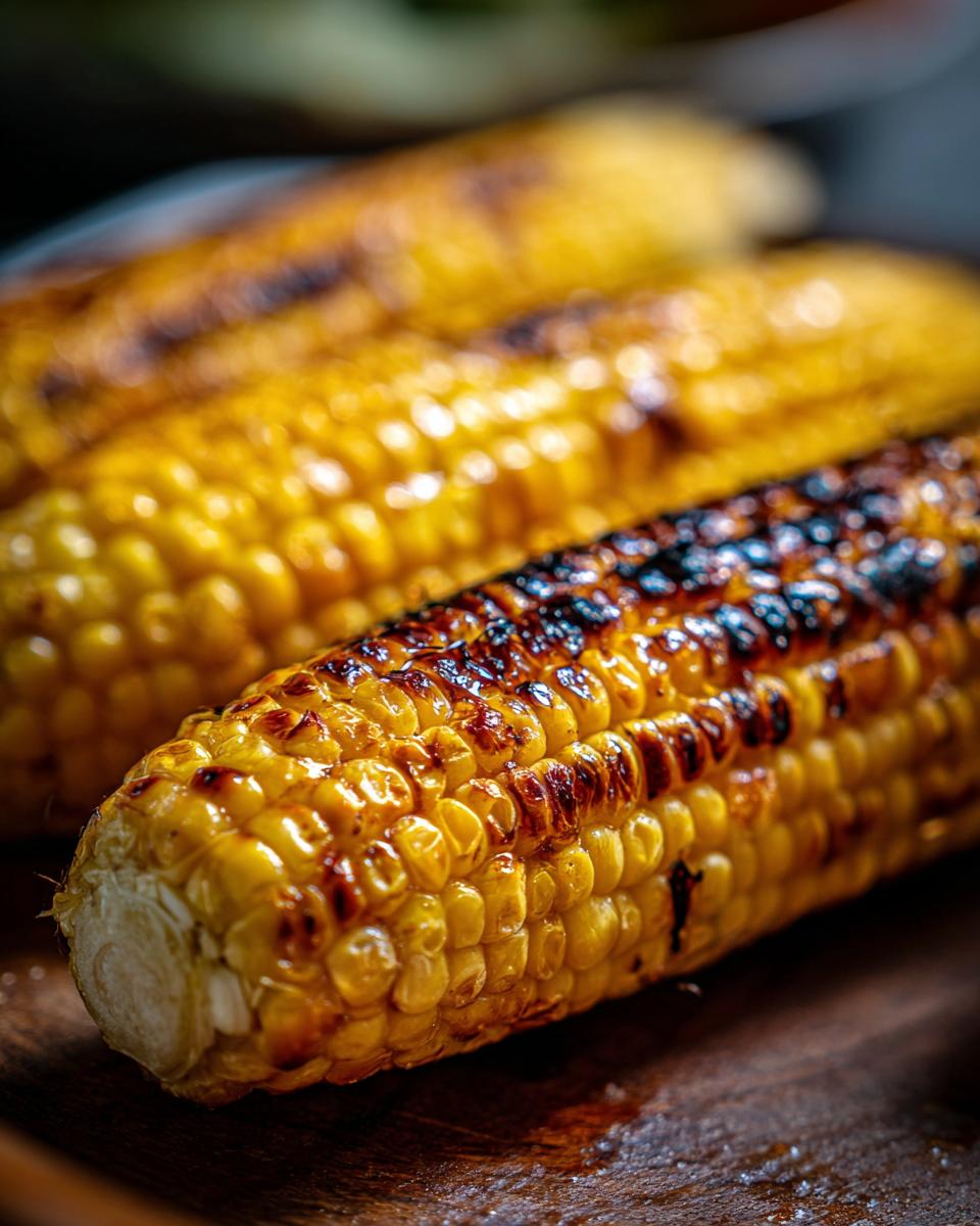Close-up of Irresistible Grilled Corn On The Cob, showcasing charred kernels and golden-yellow sweetness.