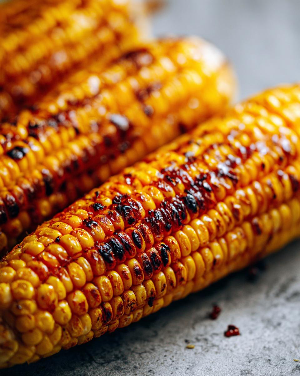 Close-up of irresistible grilled corn on the cob, showing charred kernels and golden yellow color.