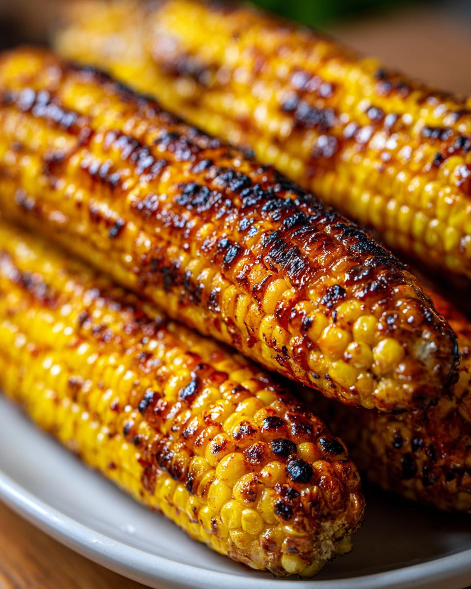 Close-up of four ears of Irresistible Grilled Corn On The Cob, perfectly charred and glistening.