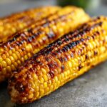 Close-up of two ears of Irresistible Grilled Corn On The Cob, perfectly charred and golden yellow.