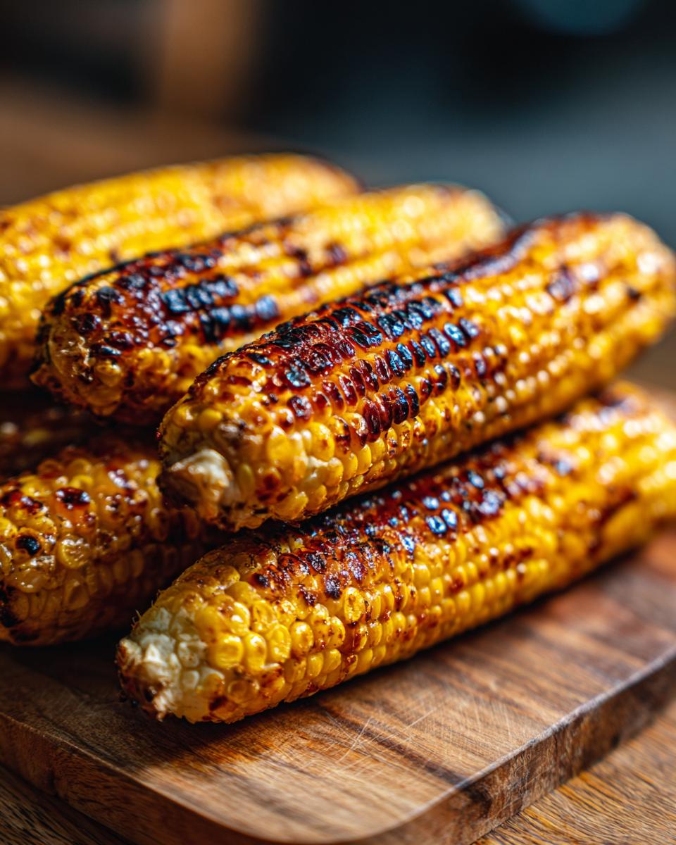 Close-up of several ears of irresistible grilled corn on the cob, showing charred kernels and golden yellow color, on a wooden board.