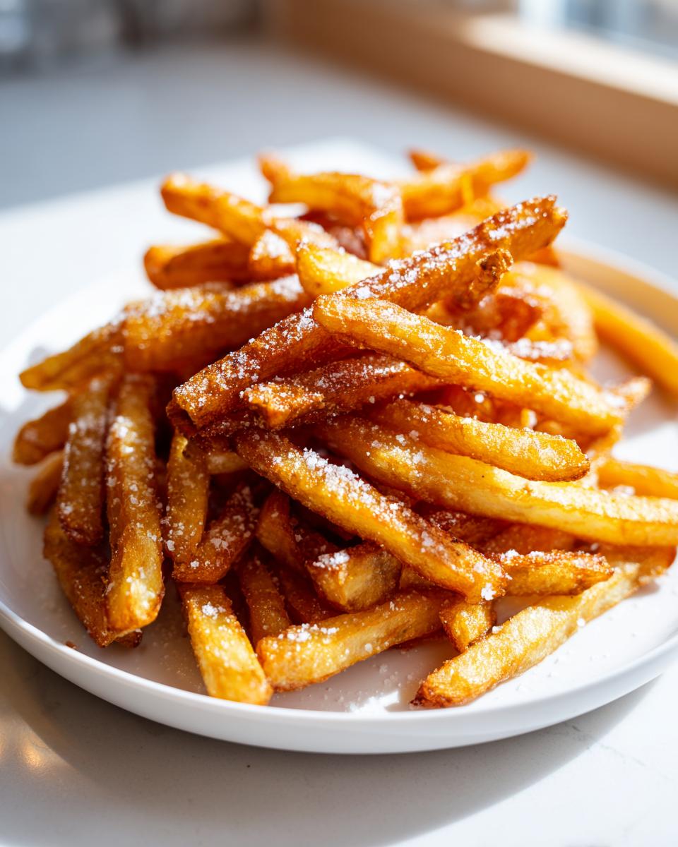 A close-up shot of a pile of Irresistible Homemade French Fries, perfectly crispy and lightly dusted with salt.