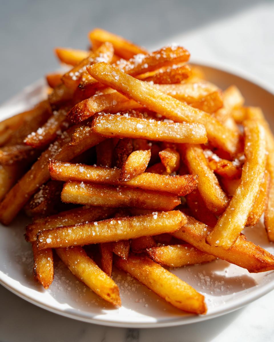 A close-up of a pile of Irresistible Homemade French Fries, perfectly golden and sprinkled with salt.