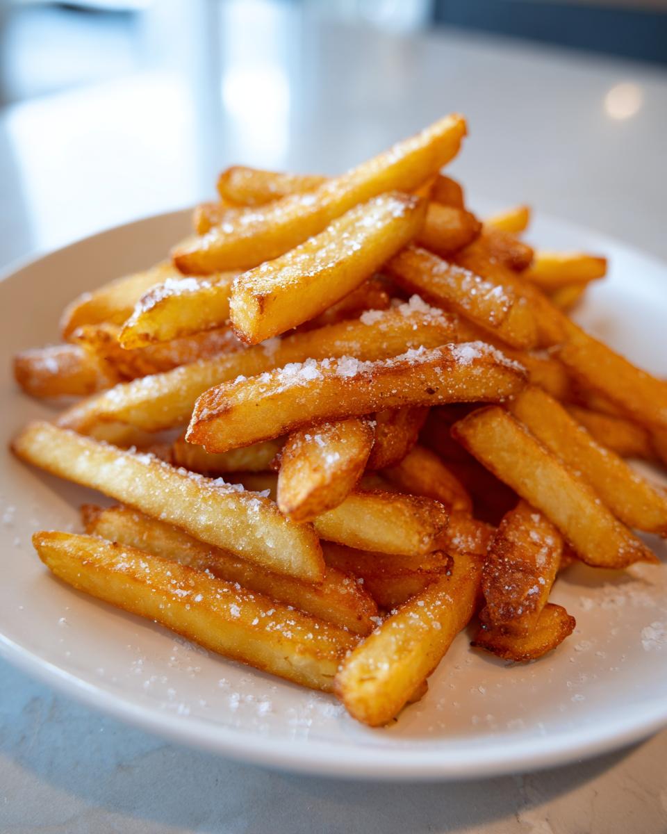 A close-up of a pile of Irresistible Homemade French Fries, perfectly golden and sprinkled with salt.