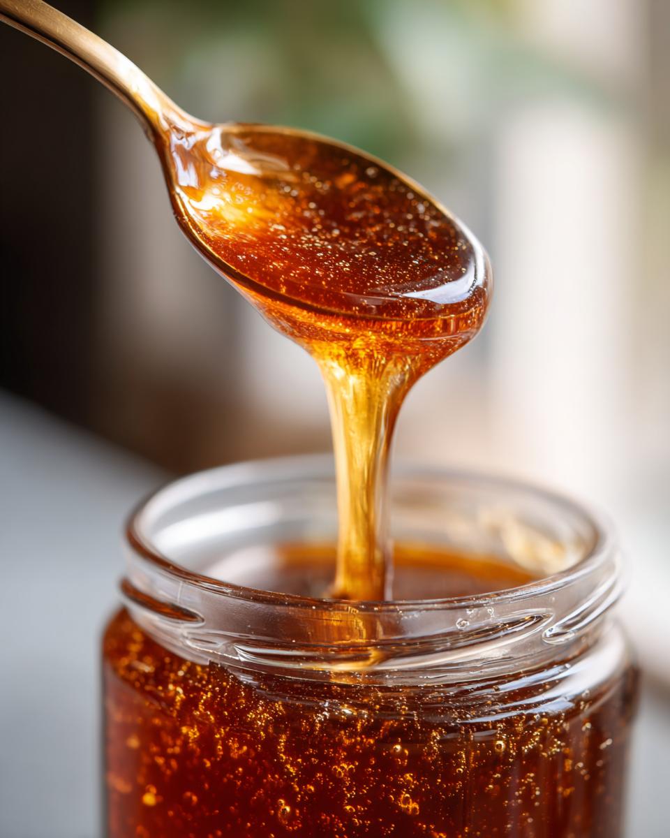 Close-up of thick, golden Irresistible Honey BBQ Sauce dripping from a spoon into a glass jar.