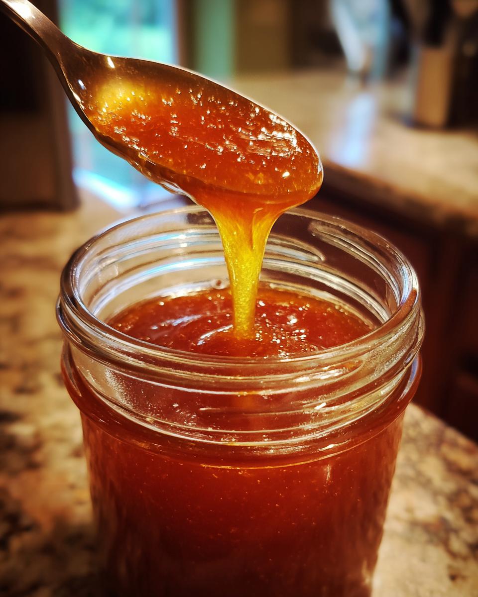 A spoonful of Irresistible Honey BBQ Sauce recipe dripping into a jar, showcasing its thick and glossy texture.