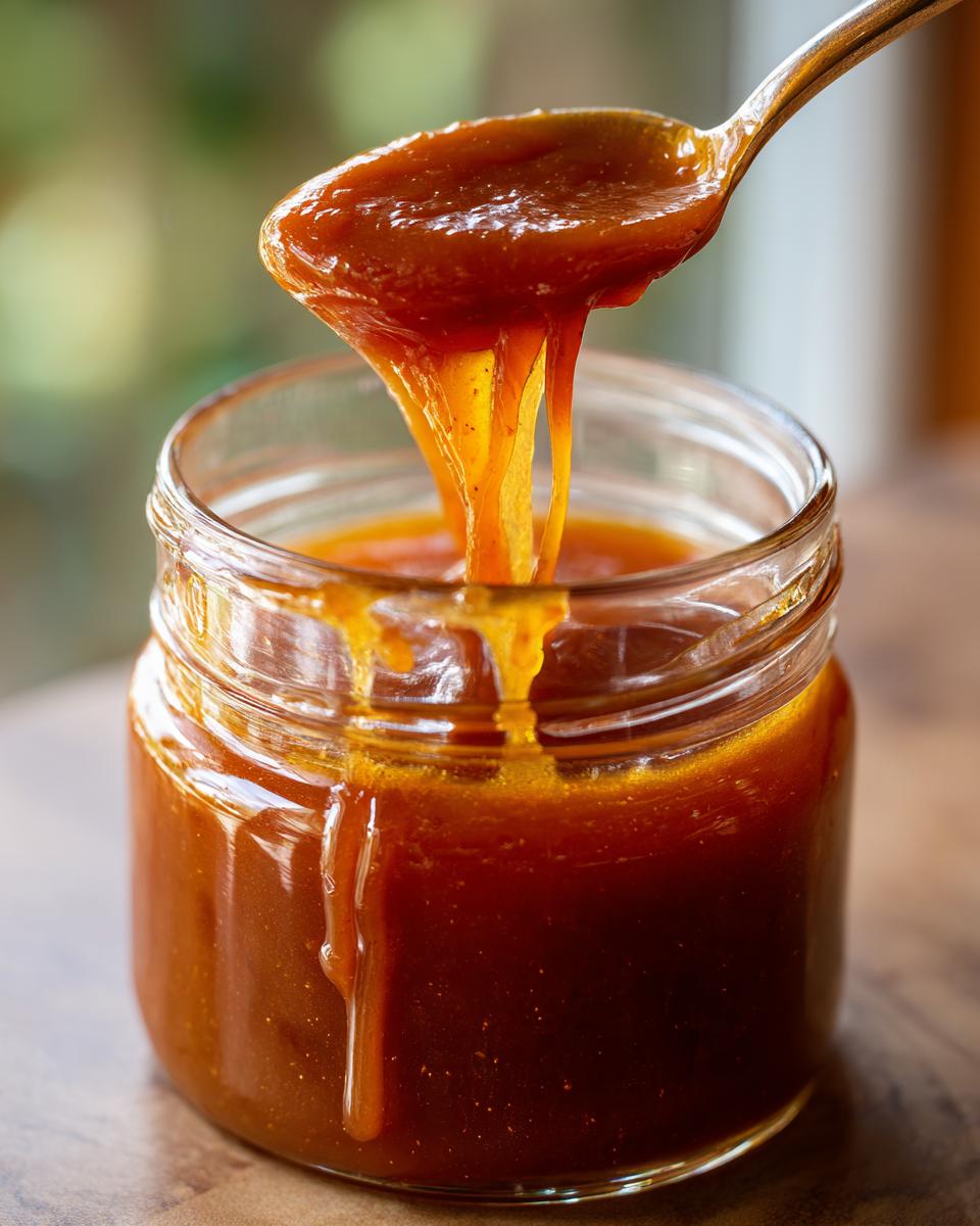 Close-up of a spoon lifting thick, glossy Irresistible Honey BBQ Sauce Recipe, dripping back into a glass jar.