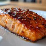 Close-up of an Irresistible Honey Garlic Salmon fillet glazed with sauce and sprinkled with sesame seeds.