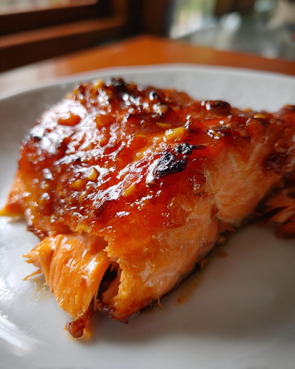 Close-up of a flaky, glazed fillet of Irresistible Honey Garlic Salmon Recipe, glistening with sauce.
