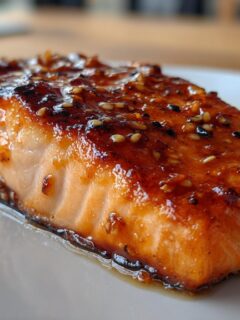 Close-up of an Irresistible Honey Garlic Salmon fillet glazed with sauce and sprinkled with sesame seeds.