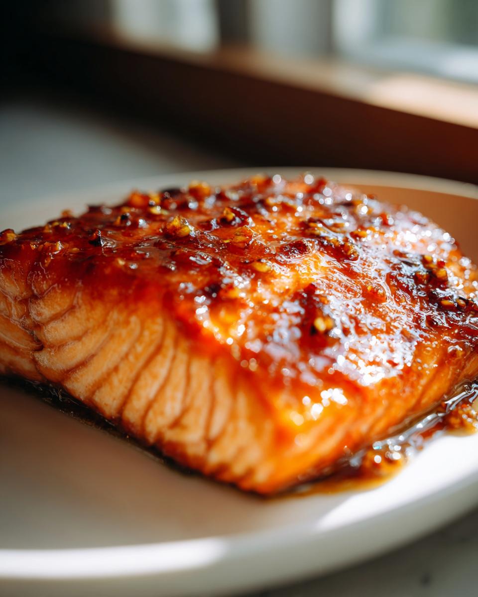 Close-up of a perfectly cooked, glistening fillet of Irresistible Honey Garlic Salmon Recipe, glazed with a rich sauce.