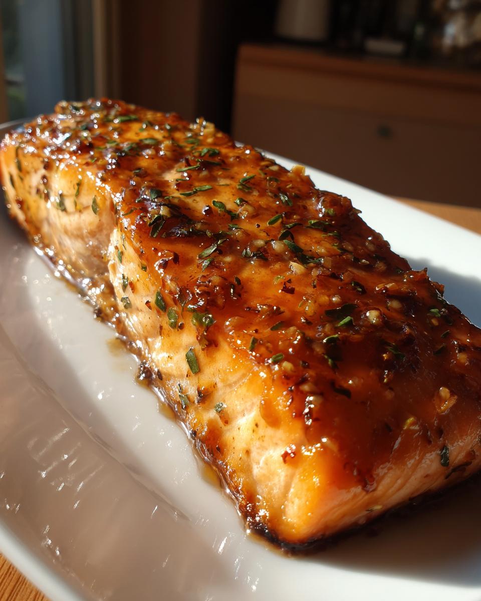 A glistening fillet of Irresistible Honey Garlic Salmon, glazed and topped with herbs, served on a white plate.