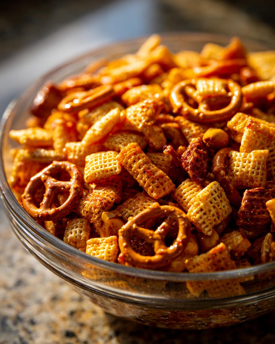 A close-up of a glass bowl filled with Irresistible Hot Honey Chex Mix, featuring Chex cereal, pretzels, and peanuts coated in a glossy glaze.