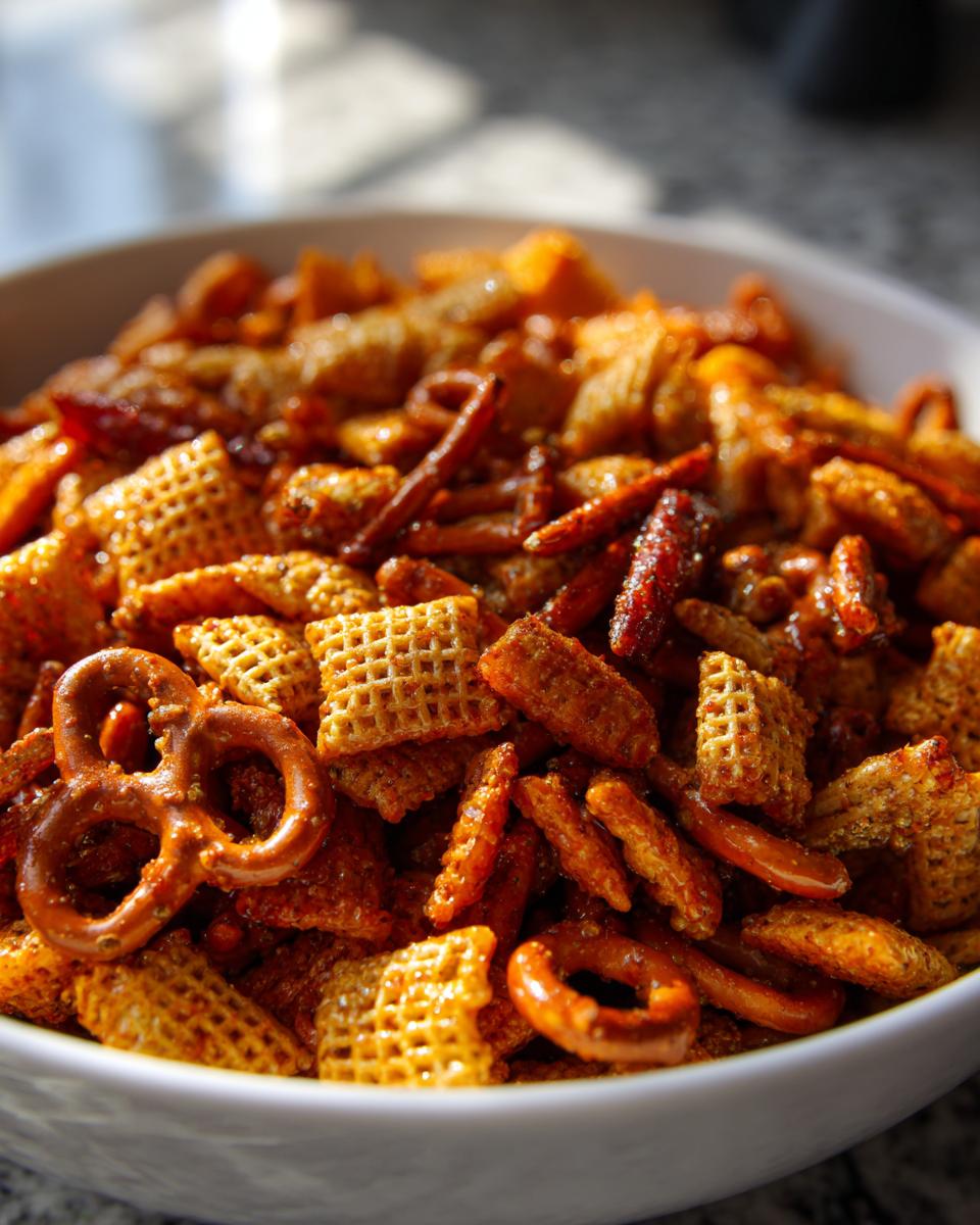 A close-up of a white bowl filled with Irresistible Hot Honey Chex Mix, featuring Chex cereal, pretzels, and other savory snacks coated in a glossy glaze.
