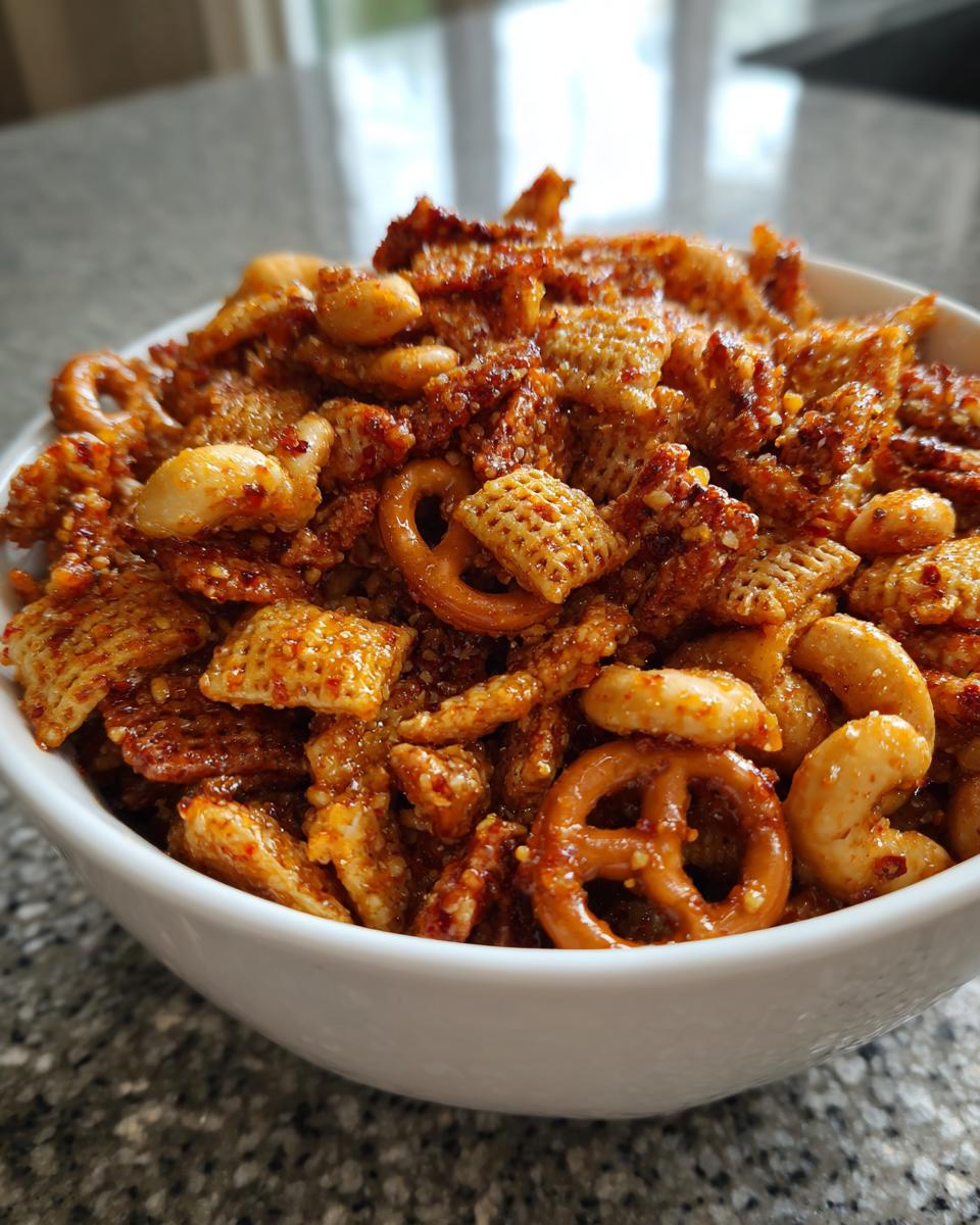 A white bowl filled with Irresistible Hot Honey Chex Mix, featuring Chex cereal, pretzels, and nuts coated in a glistening spicy glaze.