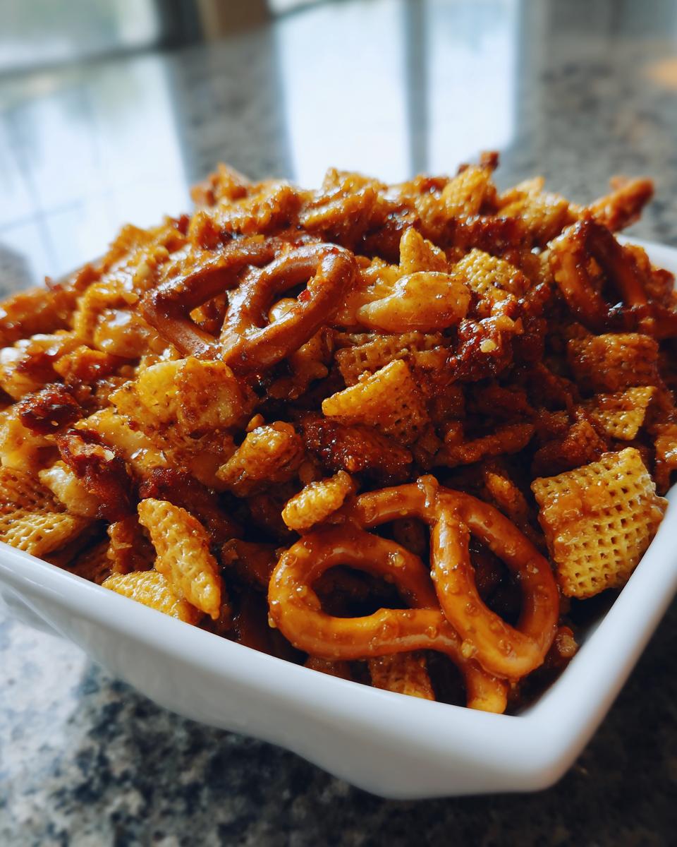 A close-up of a white bowl filled with Irresistible Hot Honey Chex Mix, featuring pretzels, Chex cereal, and a glossy coating.