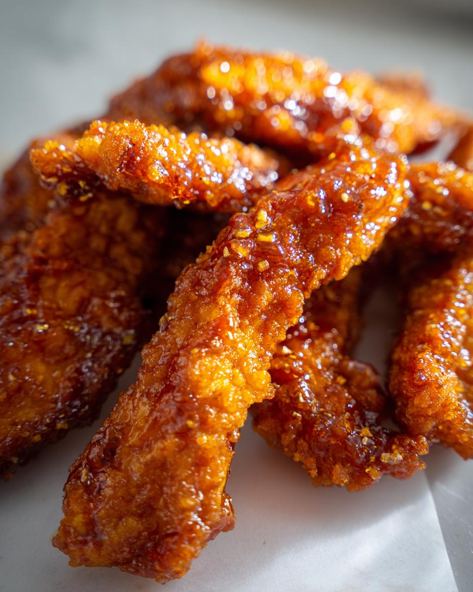 Close-up of crispy, glazed Irresistible Hot Honey Chicken Tenders, glistening with sauce.