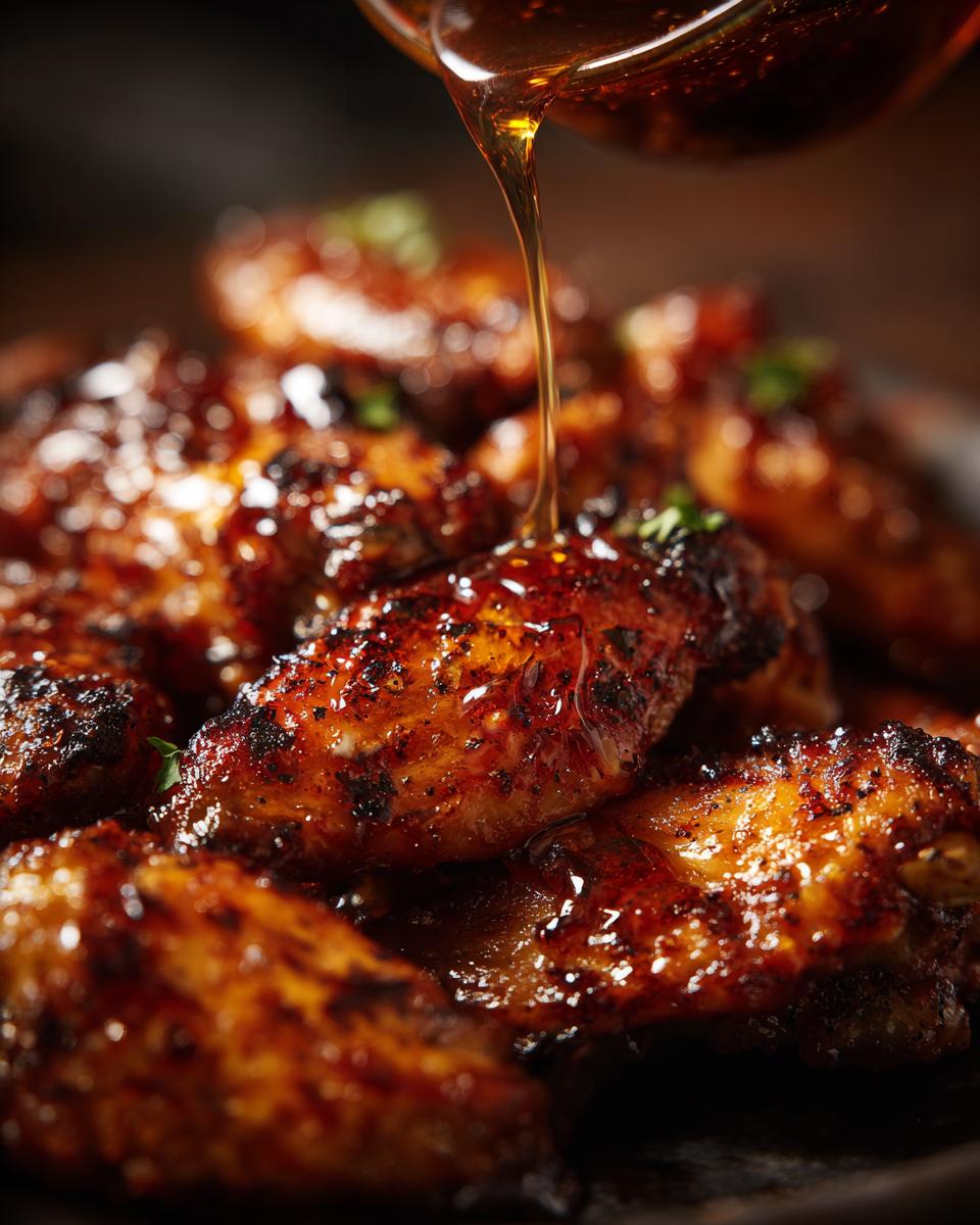 Close-up of glistening chicken wings being drizzled with irresistible hot honey sauce.