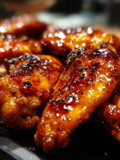 Close-up of glistening chicken wings coated in an irresistible hot honey glaze, perfect for sweet and spicy dishes.