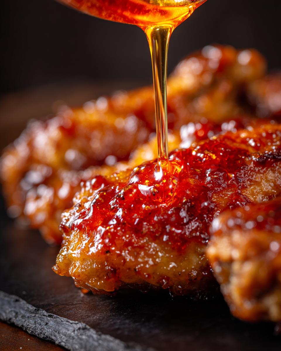 Close-up of glossy chicken wings being drizzled with Irresistible Hot Honey.