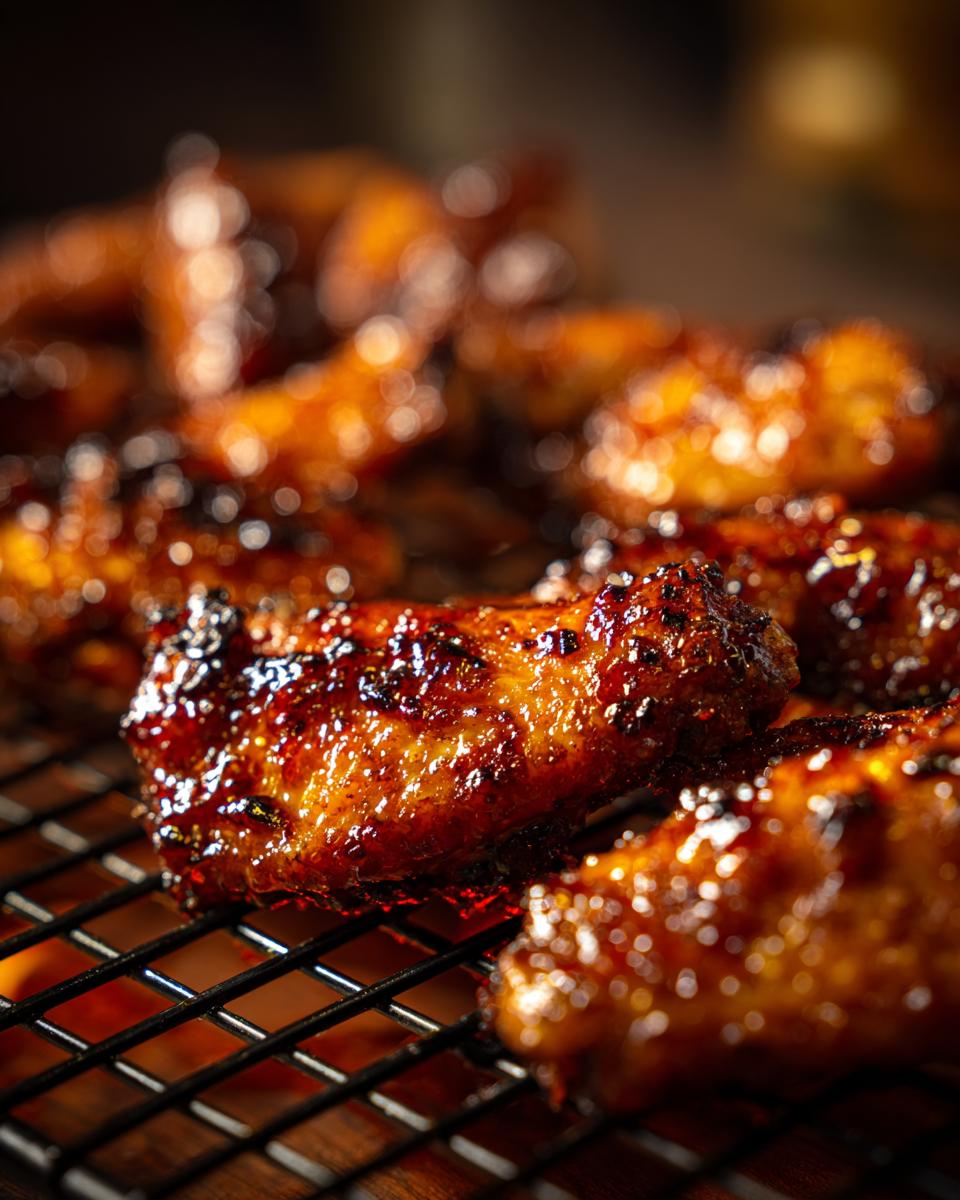 Close-up of glossy, caramelized chicken wings coated in an irresistible hot honey glaze, resting on a cooling rack.