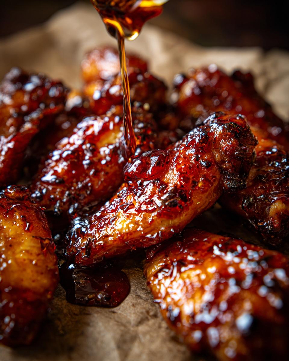 Close-up of glistening chicken wings being drizzled with an irresistible hot honey glaze.
