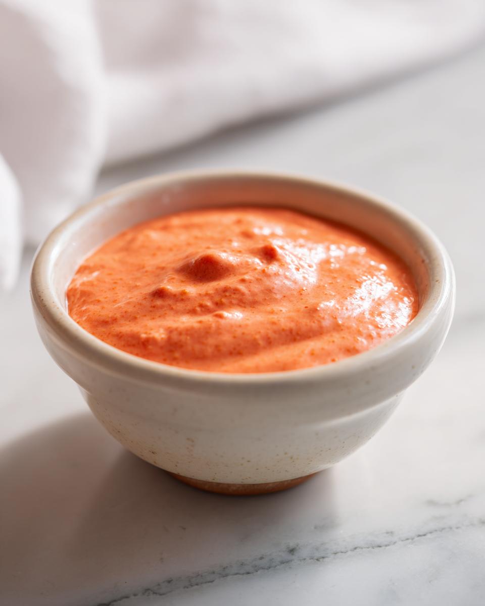 A close-up of Irresistible In And Out Sauce in a small ceramic bowl, showcasing its creamy texture and orange hue.