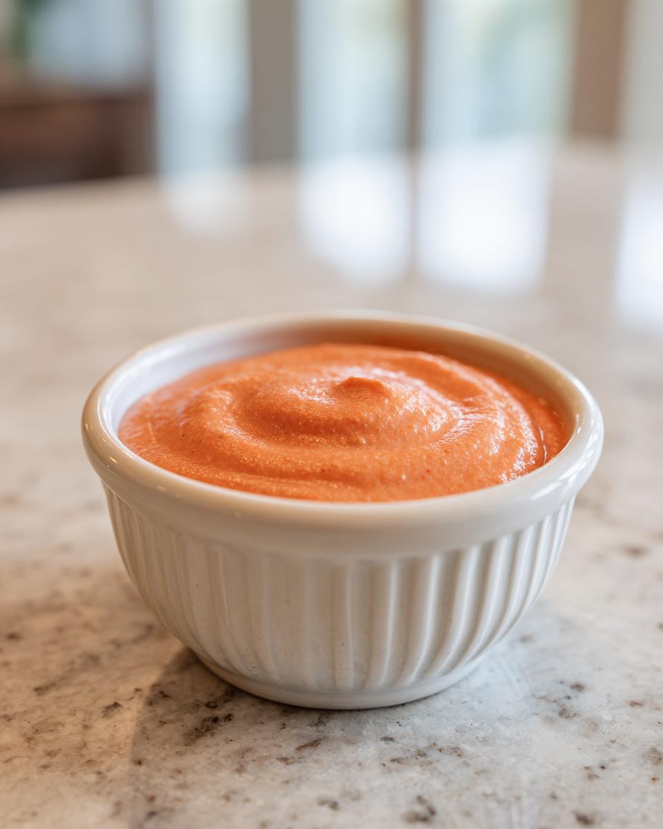 A white ramekin filled with the Irresistible In And Out Sauce, showcasing its creamy orange texture.