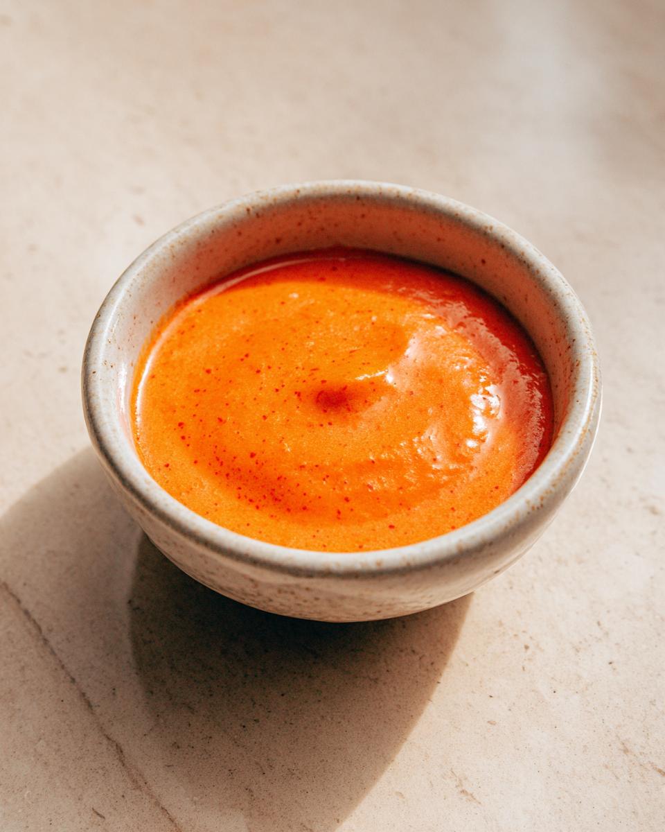 A close-up of a small bowl filled with the Irresistible In And Out Sauce Recipe, a vibrant orange sauce with tiny red speckles.