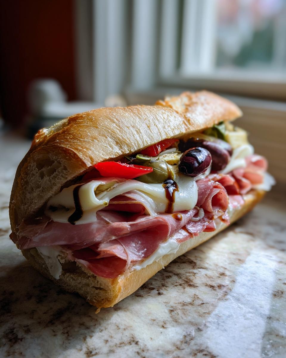 A close-up of an Irresistible Italian Sandwich piled high with ham, cheese, roasted peppers, olives, and drizzled with balsamic glaze.