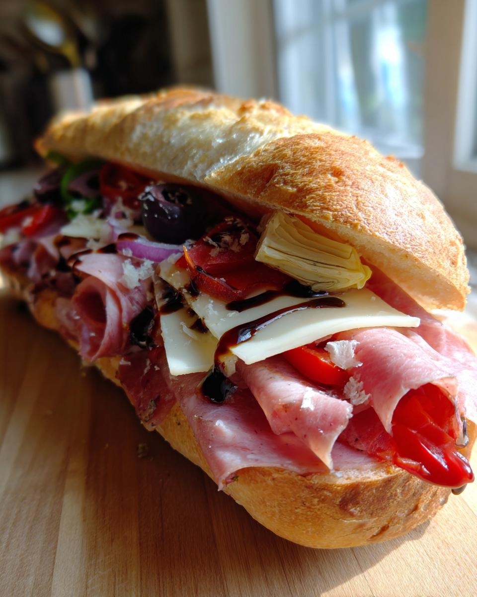 A close-up of an Irresistible Italian Sandwich packed with cured meats, cheese, olives, tomatoes, and artichoke hearts.