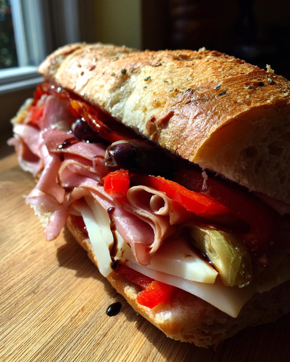 A close-up of an Irresistible Italian Sandwich filled with ham, cheese, olives, and roasted red peppers on a crusty baguette.