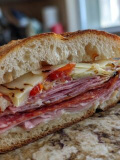 A close-up of an irresistible Italian sandwich, generously filled with layers of cured meats, cheese, and peppers on a crusty roll.