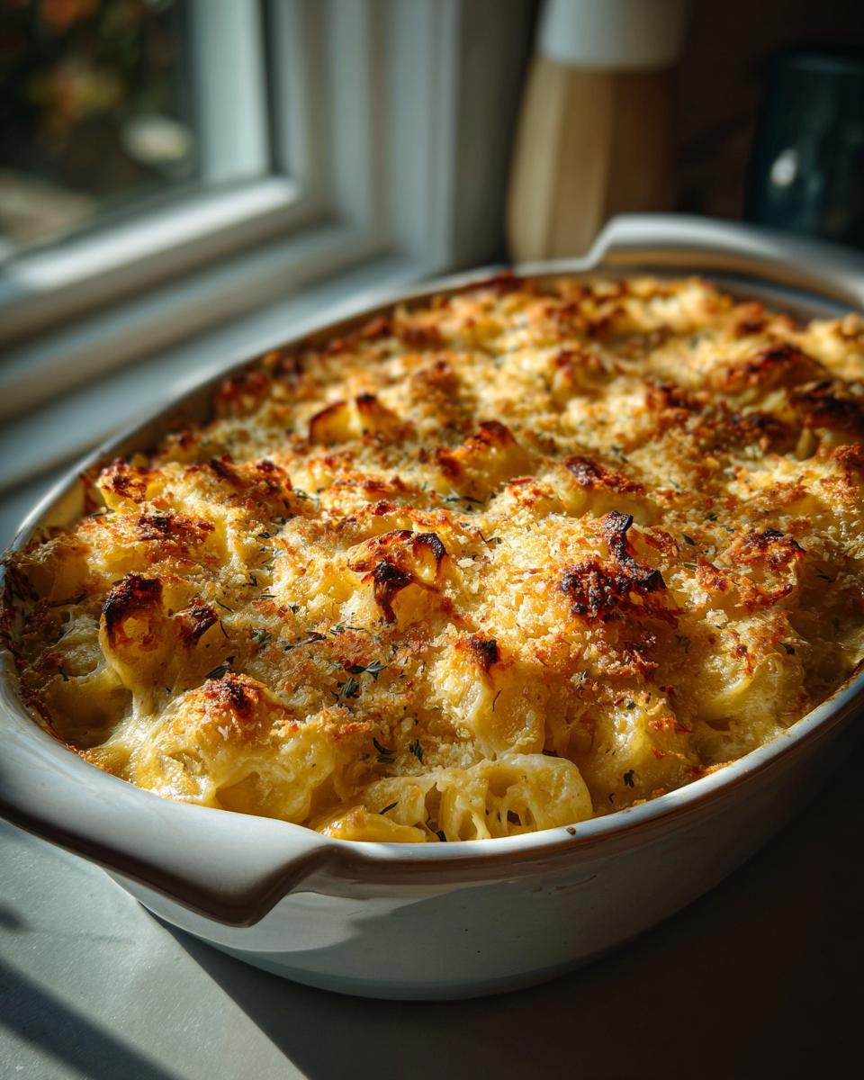 Close-up of a baked Irresistible Memorial Day Smoked Mac And Cheese in a casserole dish, with a golden-brown, crispy topping.