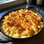 Close-up of Irresistible Memorial Day Smoked Mac and Cheese in a black skillet, with a golden-brown, crispy topping.