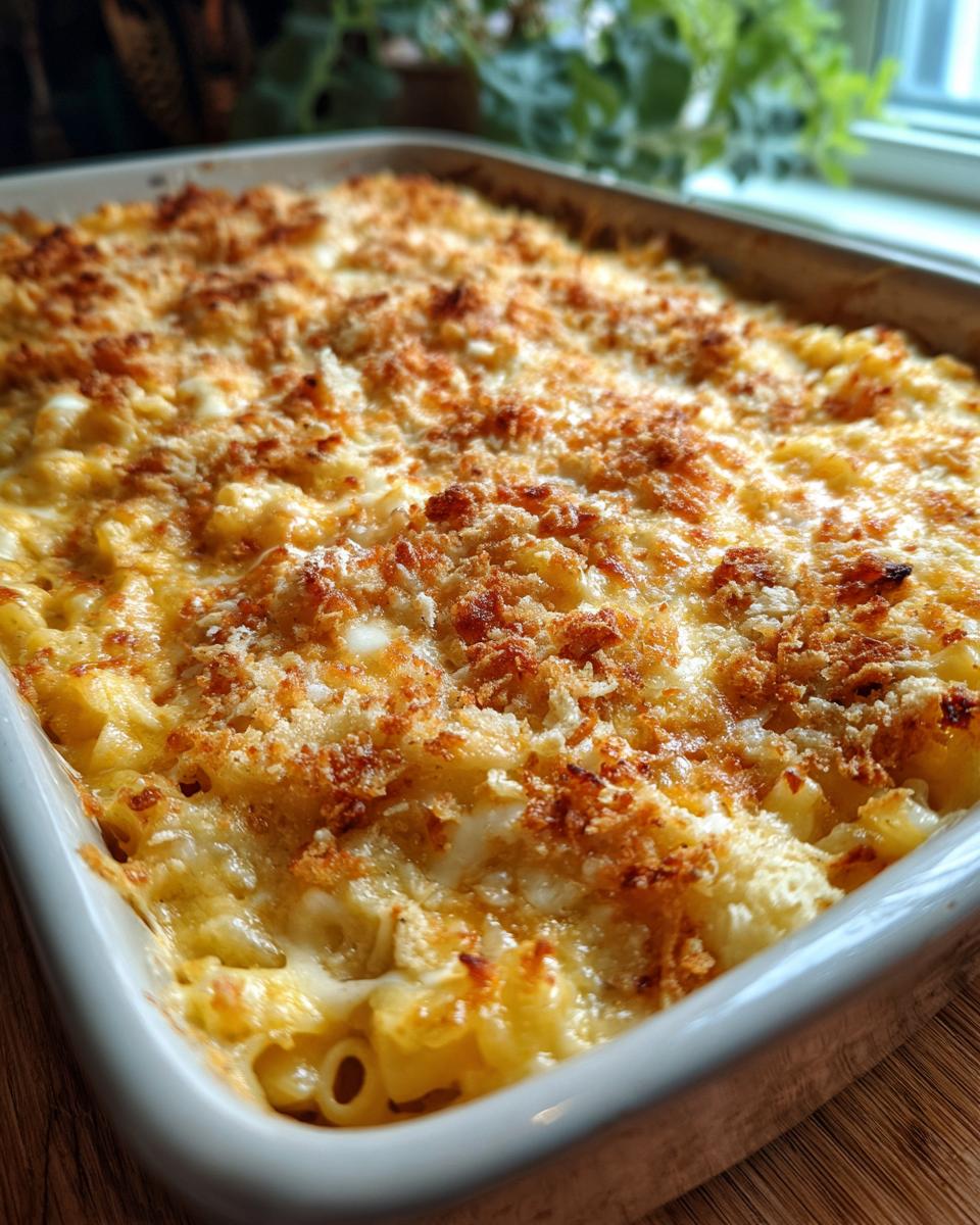 Close-up of a baking dish filled with Irresistible Memorial Day Smoked Mac And Cheese, topped with golden breadcrumbs.