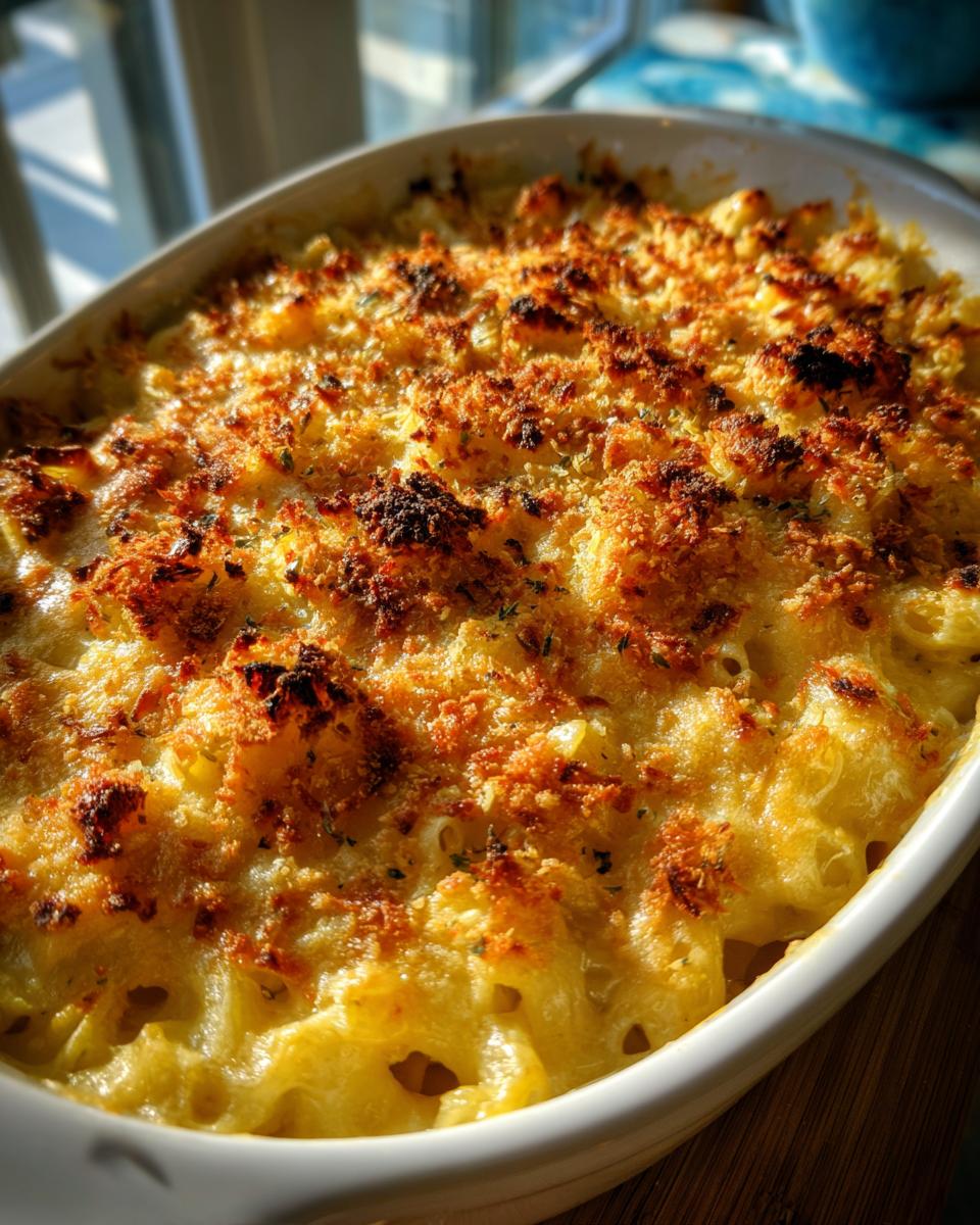 Close-up of a golden-brown baked Irresistible Memorial Day Smoked Mac And Cheese in a white dish.