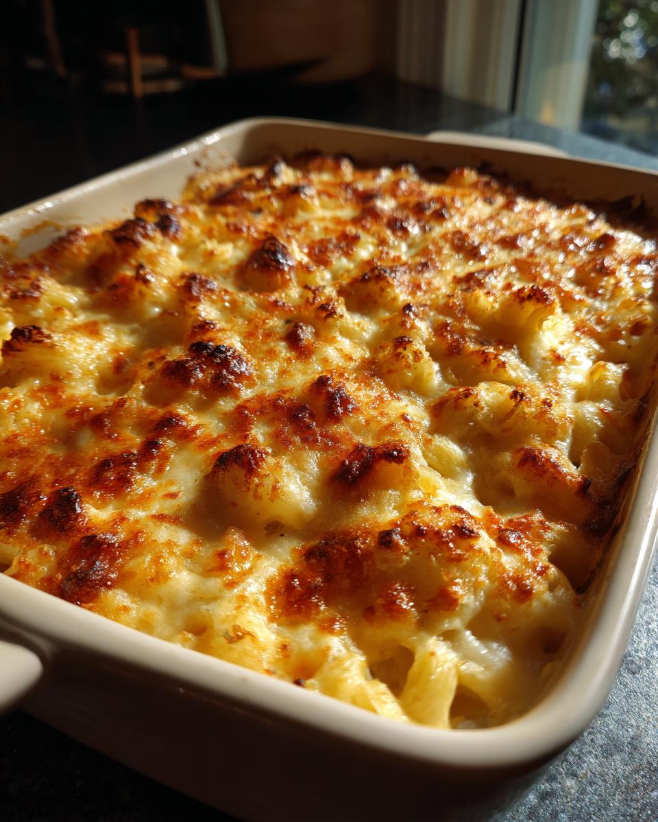 Close-up of a baked dish of Irresistible Memorial Day Smoked Mac And Cheese, with a golden-brown, bubbly cheese topping.